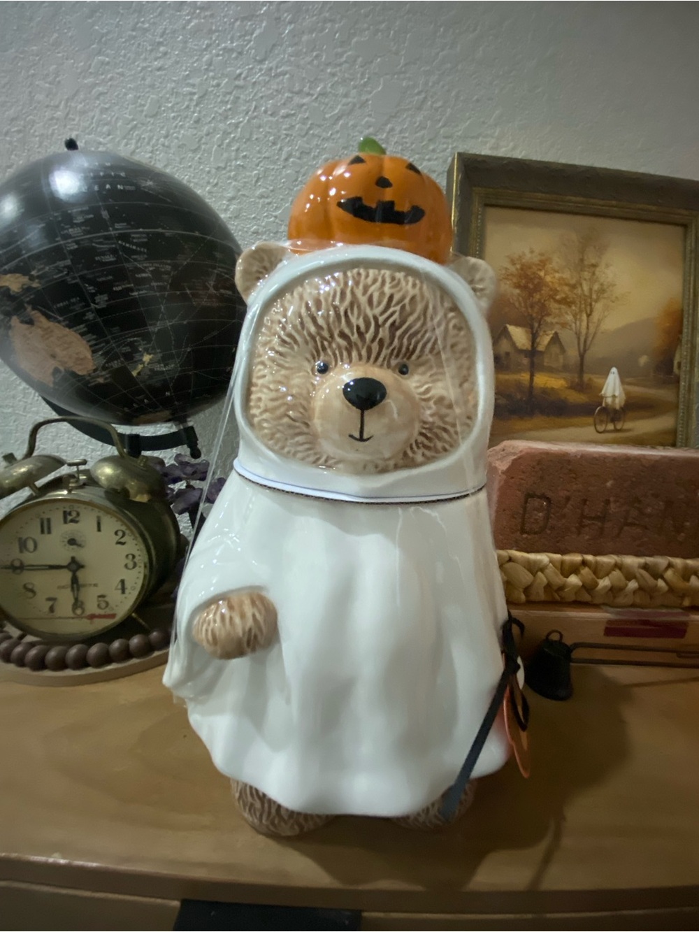 Ceramic Ghost Bear Cookie Jar in White with Pumpkin Hat